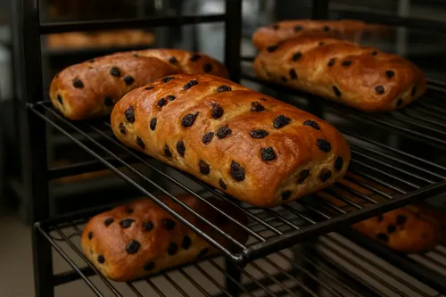 Raisin bread loaves cooling on a rack in a bakery